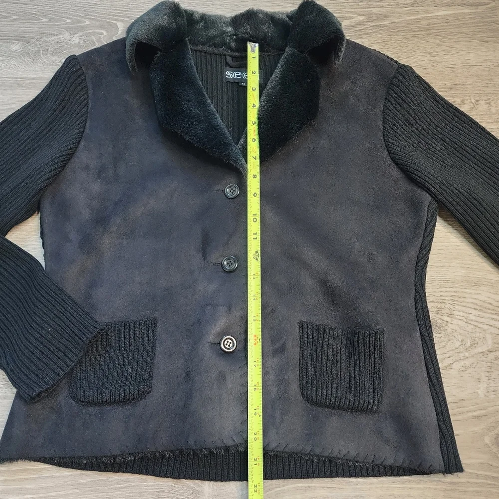 SEEU Black Ribbed Knit Faux Fur Button Down Sweater Jacket - Picture 5 of 16